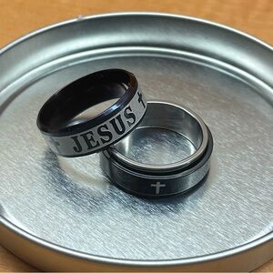 Titanium Jesus Cross Ring - Black and Silver Set